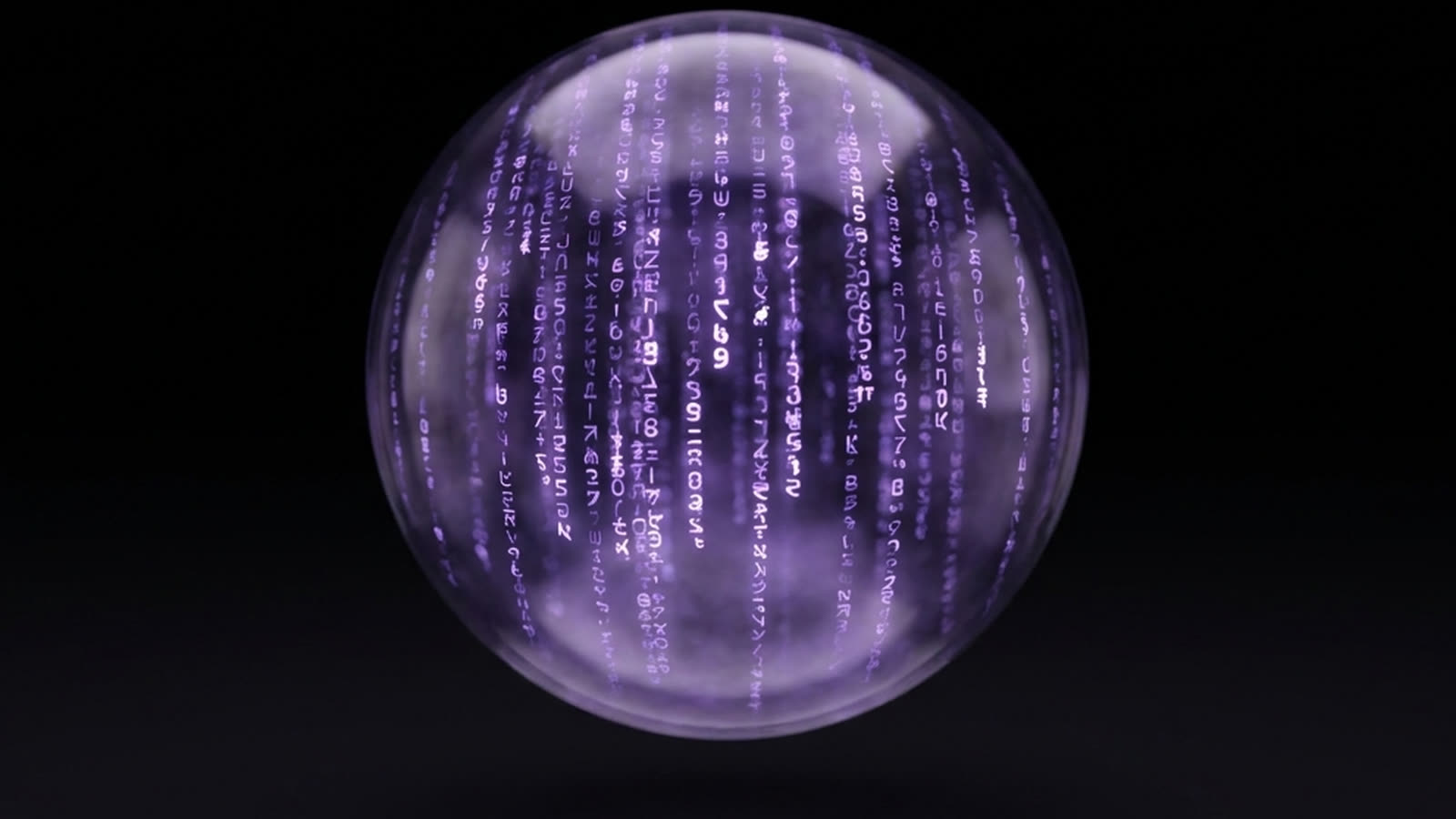 A glass sphere with columns of falling code inside it